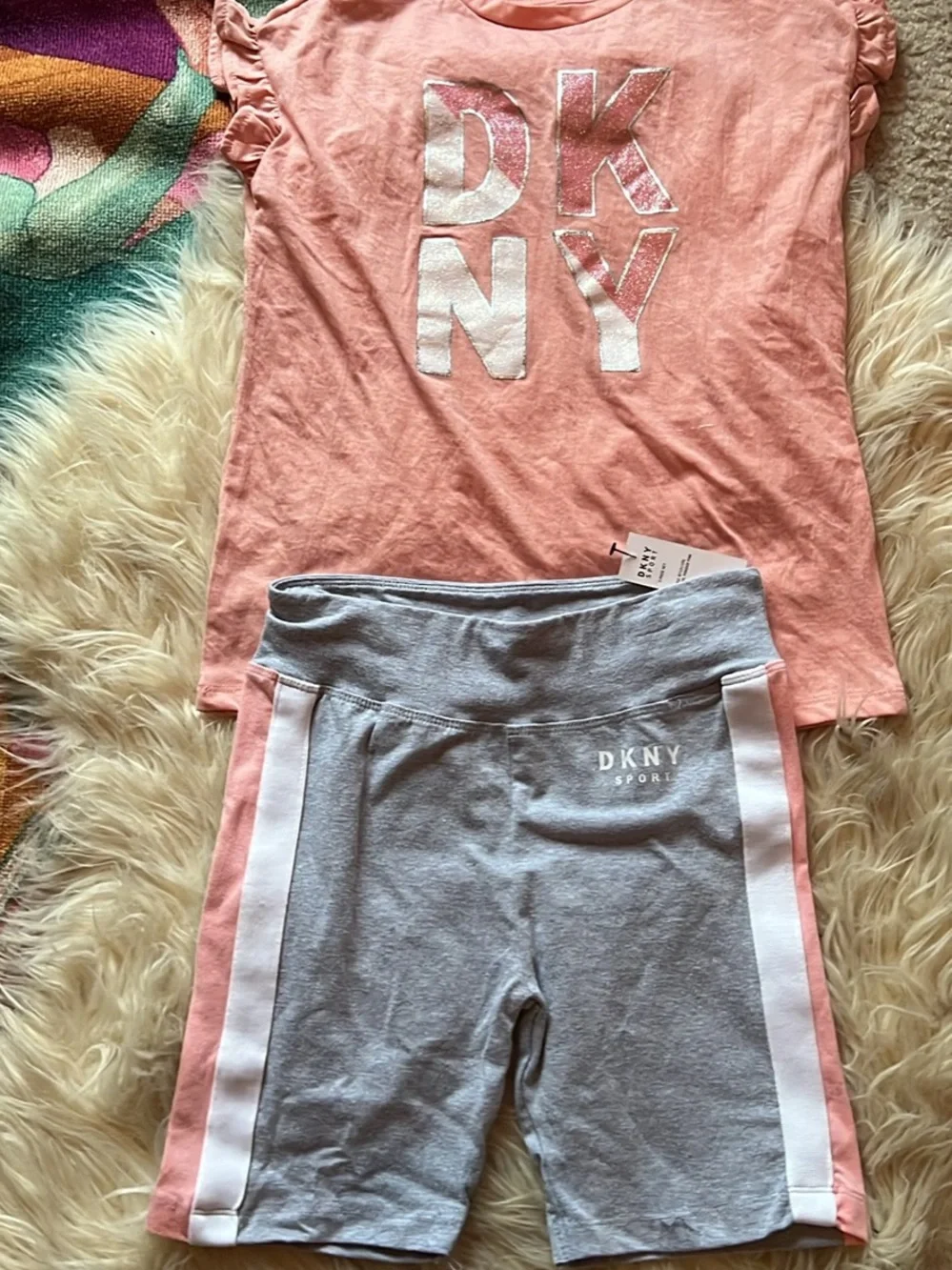 DKNY Pink Peach Glitter Logo Tee with Gray shorts